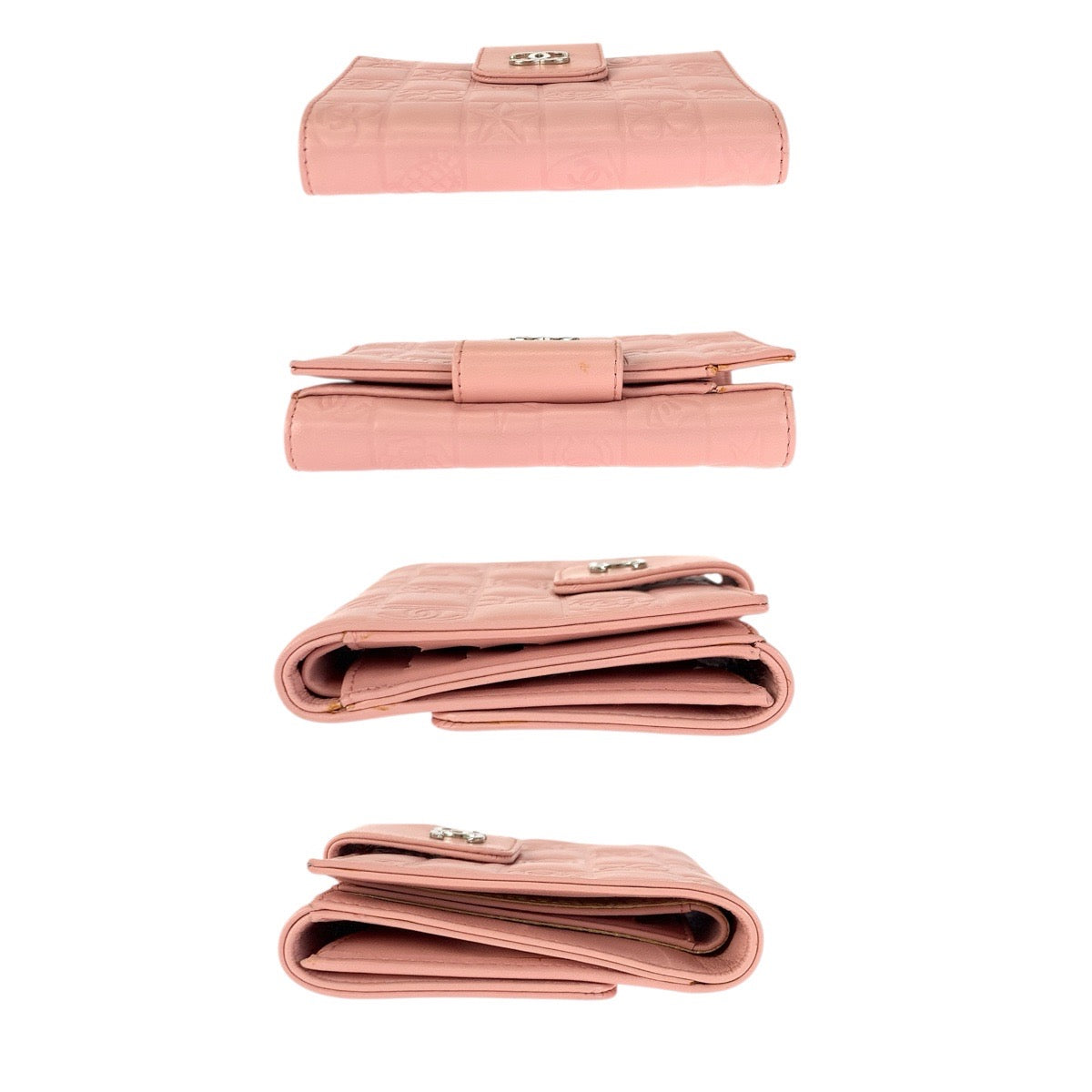 23407
CHANEL シャネル ヴィンテージ アイコン チョコバー ココマーク ピンク シルバー金具 ラムスキン 折財布 コンパクトウォレット レディース A74