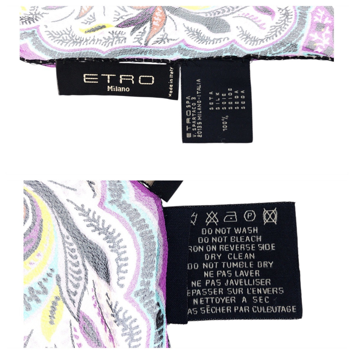 23552
ETRO エトロ ペイズリー柄 パープル イエロー ホワイト シルク スカーフ ストール レディース A21