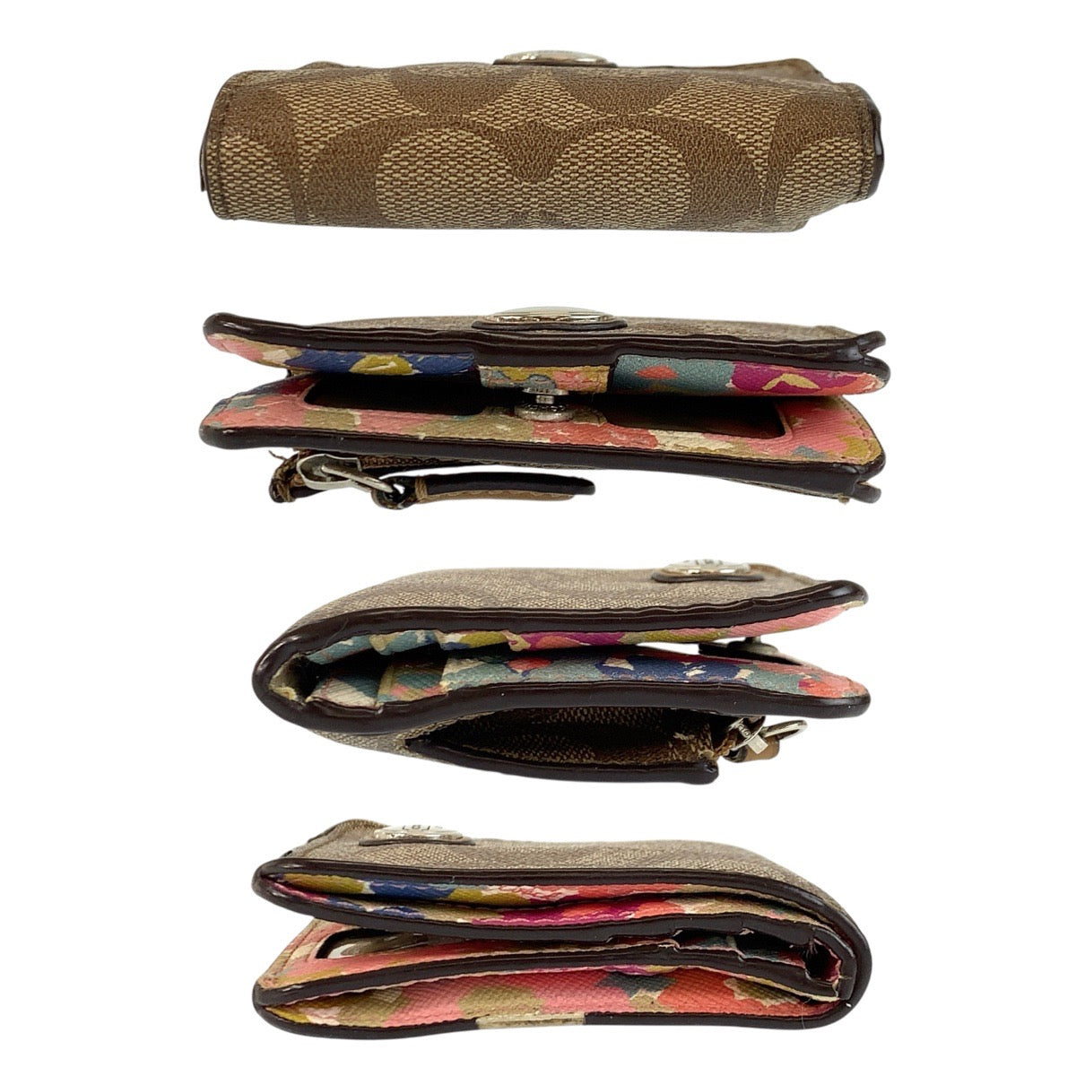 23835
COACH コーチ シグネチャー 花柄 ブラウン ベージュ シルバー金具 PVC 折り財布 コンパクトウォレット レディース AB1