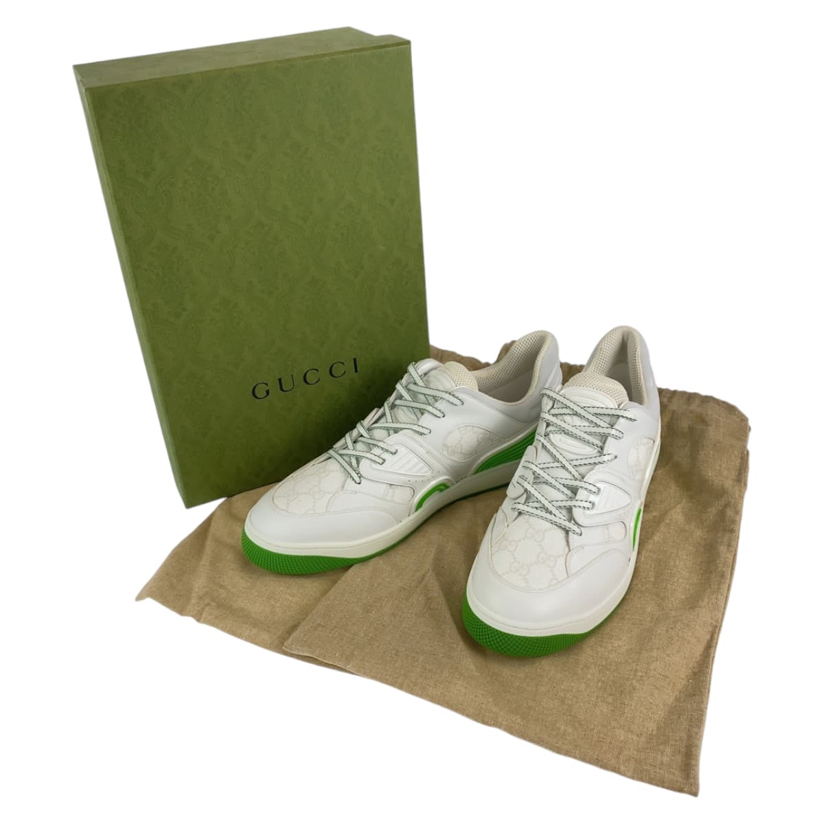 23974
GUCCI グッチ バスケット サイズ11.5 ホワイト グリーン GGキャンバス / レザー バスケット ローカット レースアップ メンズ N40
