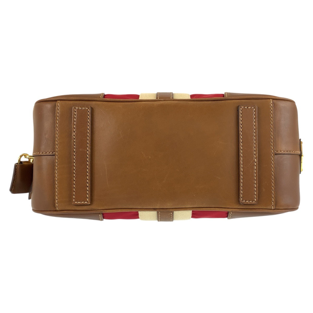 24155
PRADA プラダ 三角ロゴプレート レッド ブラウン ゴールド金具 キャンバス / レザー ハンドバッグ ボーリングバッグ レディース AB44