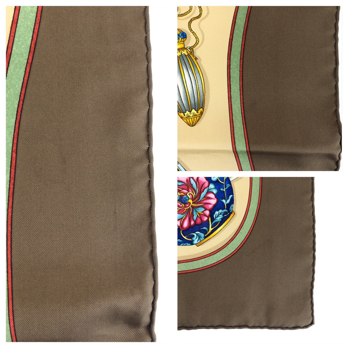 24338
HERMES Perfume Bottle Carre 90 Beige Khaki Multicolor Silk Scarf Women's AB21