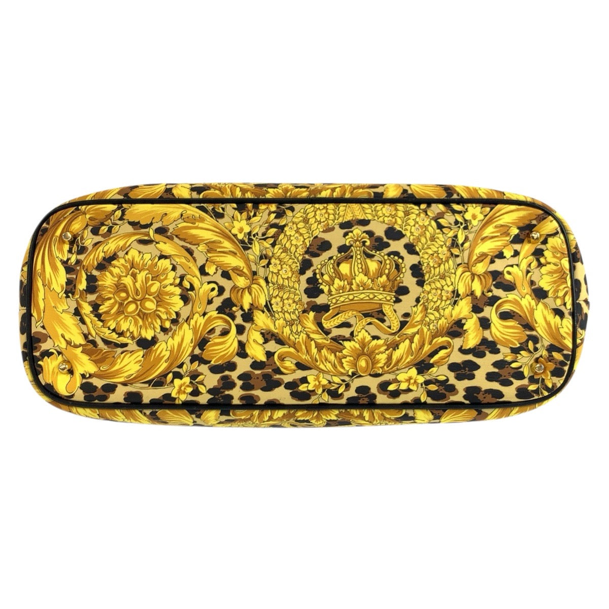 25170
VERSACE ヴェルサーチ レオパード柄 イエロー ブラック ゴールド金具 PVC / レザー トートバッグ ハンドバッグ レディース AB35