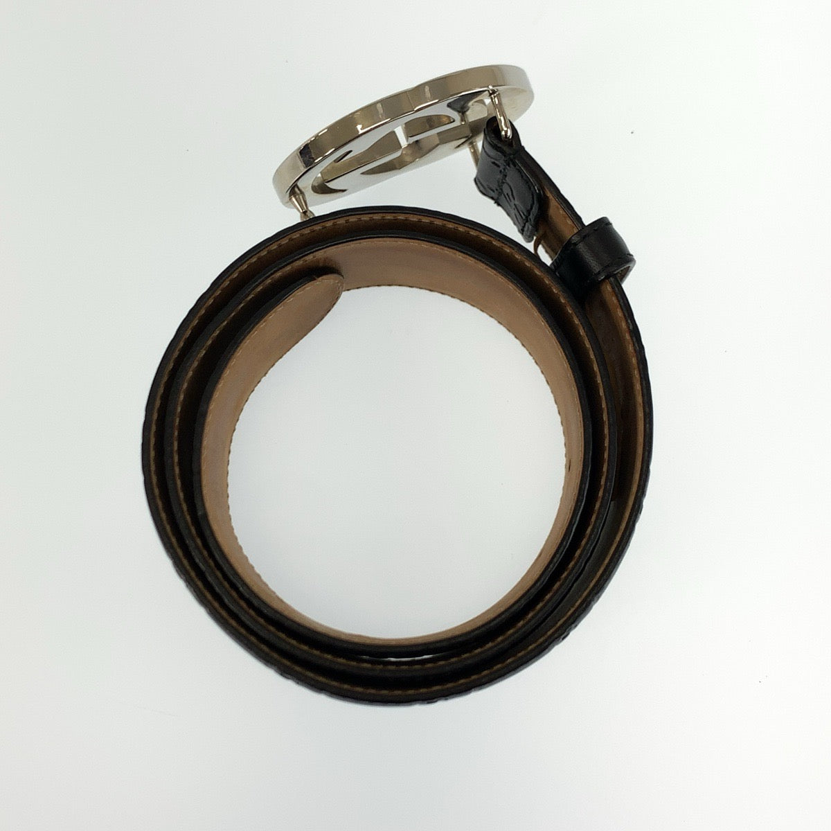 25901
GUCCI グッチ インターロッキング 85cm/34インチ ブラック 黒 シルバー金具 レザー 411924 ベルト バックル メンズ ABP26