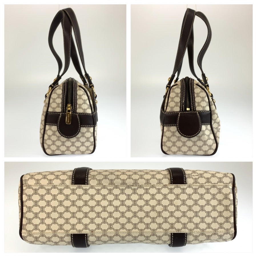 25910
CELINE セリーヌ ヴィンテージ マカダム ホワイト ブラウン ゴールド金具 PVC / レザー SI 10/25 ショルダーバッグ ボストンバッグ レディース ABP36