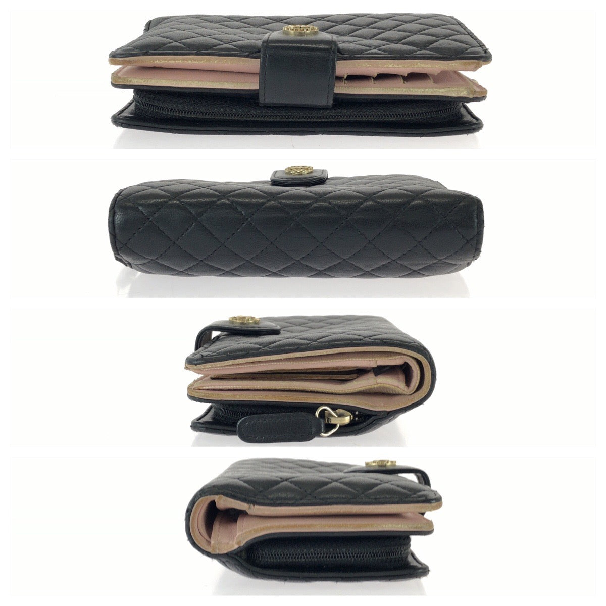 25933
CHANEL シャネル マトラッセ ココマーク ブラック ピンク ゴールド金具 レザー 折財布 コンパクトウォレット レディース AB28