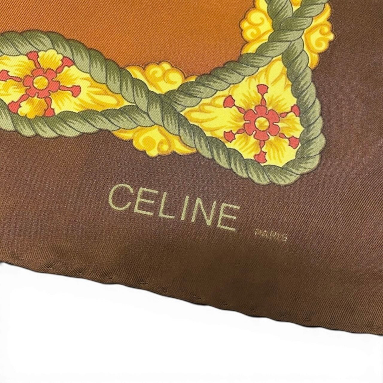 CELINE セリーヌ チーターモチーフ ブラウン イエロー シルク バンダナ レディース AB