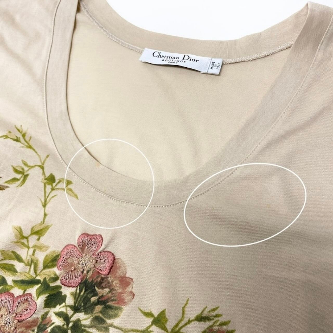 Christian Dior クリスチャンディオール ガリアーノ期 Uネック 花刺繍 ベージュ ベビーピンク コットン 半袖Tシャツ レディース BC