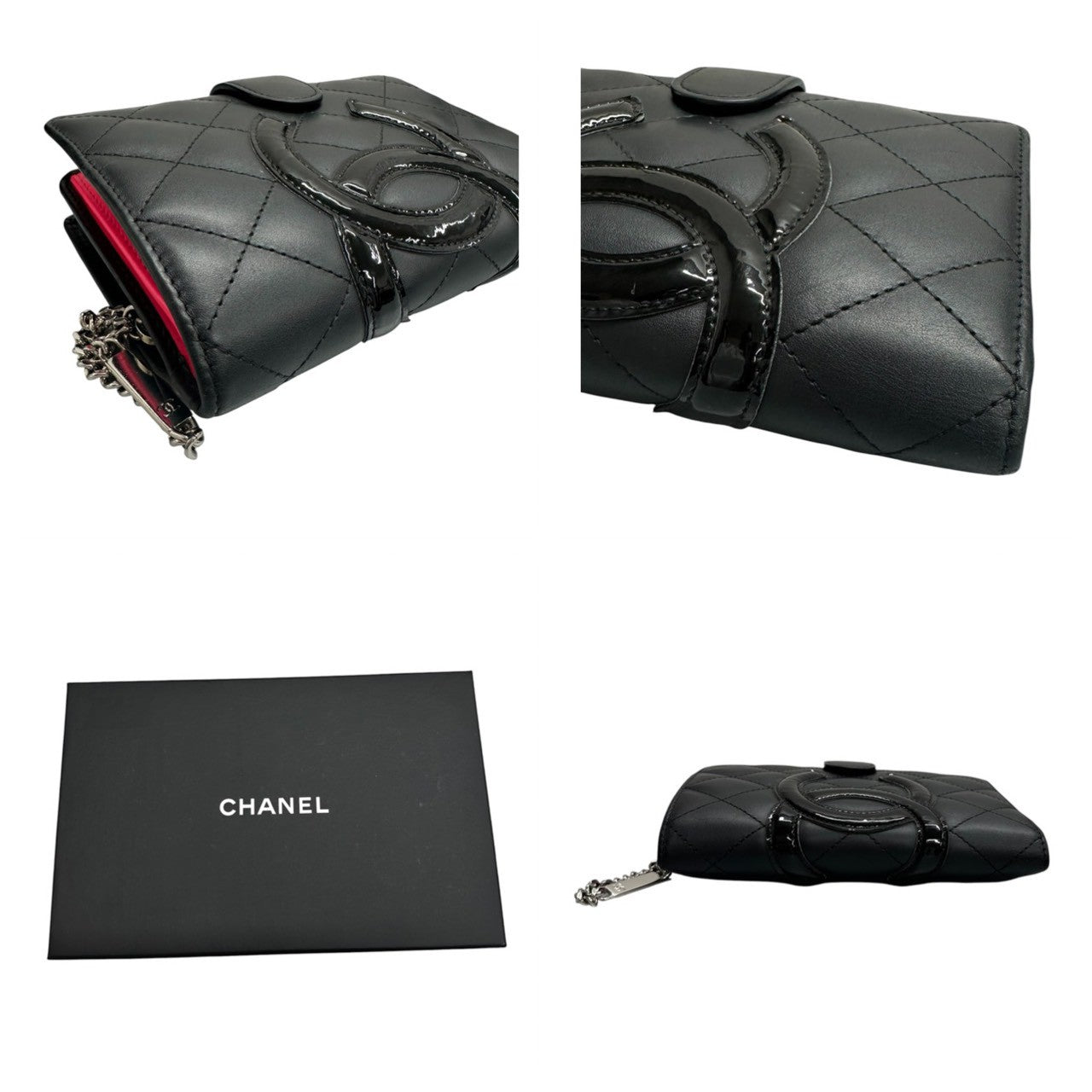 CHANEL シャネル カンボンライン ココマーク ブラック ピンク シルバー金具 レザー 二つ折り財布 レディース ABP