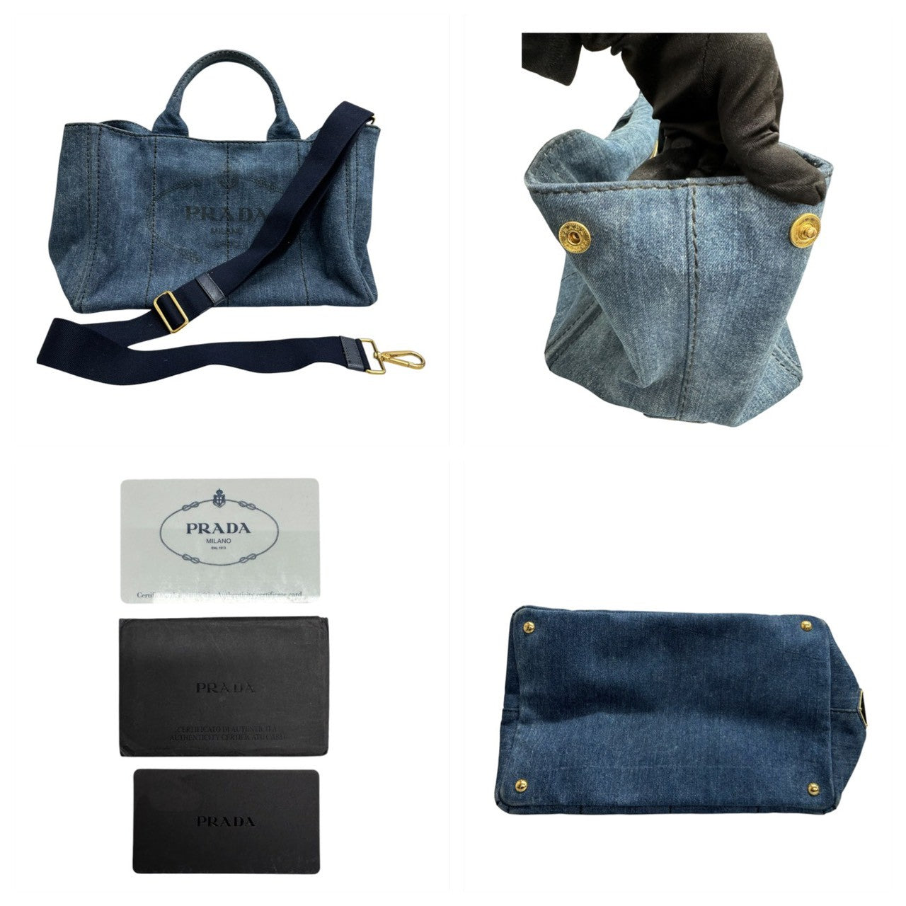 PRADA プラダ カナパ ブルー ゴールド金具 デニム 1BG642 トートバッグ ショルダーバッグ レディース ABP