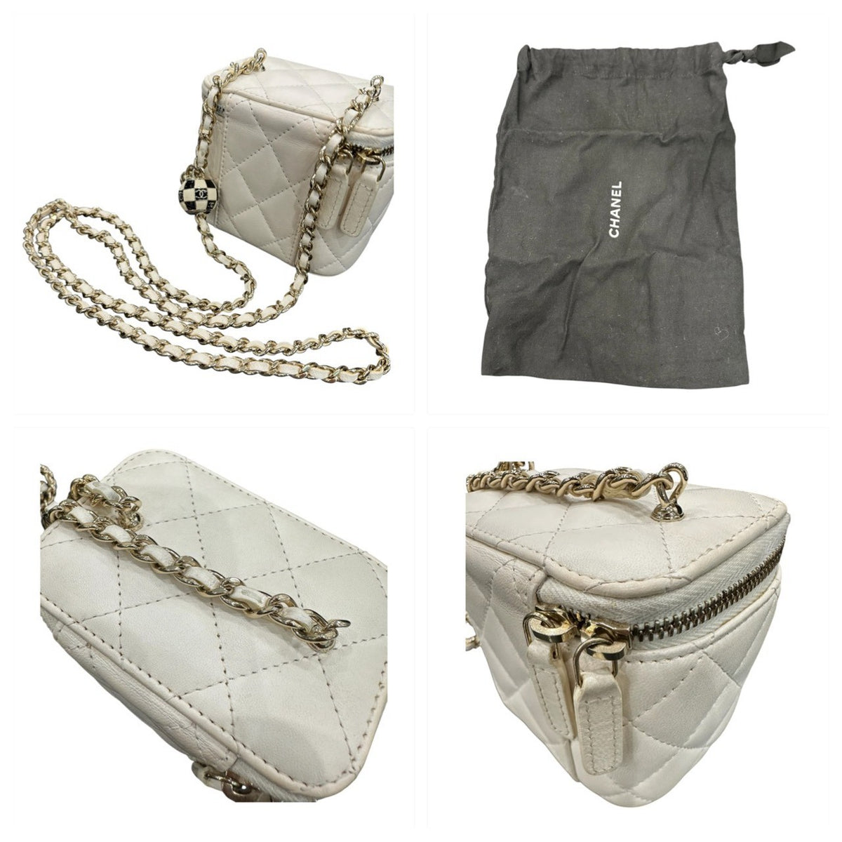 CHANEL シャネル マトラッセ スモールバニティ ホワイト ゴールド金具 レザー ショルダーバッグ チェーンバッグ レディース AB