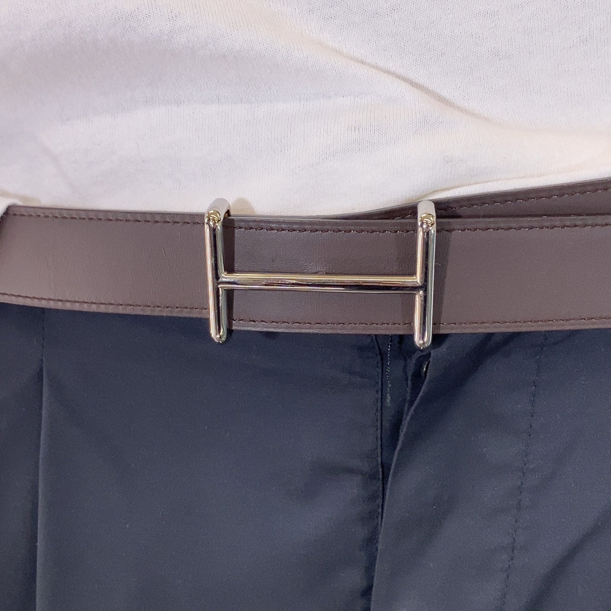 C-012
HERMES エルメス イデム ブラウン 茶色 レザー ベルト バッグル R刻印 メンズ