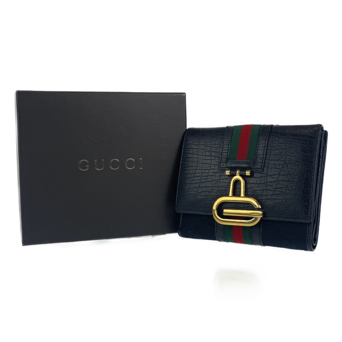 C-034
GUCCI Gucci Sherry Line Black Canvas/Leather Tri-fold Wallet Unisex Women's