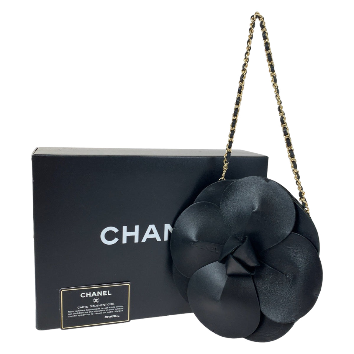 CHANEL シャネル ヴィンテージ カメリア チェーンショルダー ブラック 黒 ゴールド金具 ラムスキン / サテン ハンドバッグ アクセサリーポーチ レディース