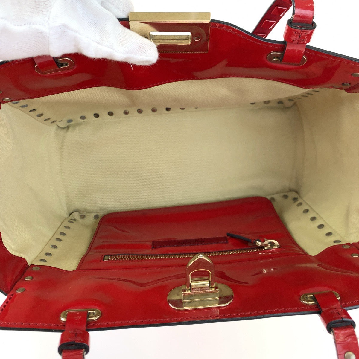 VALENTINO ヴァレンティノ ロックスタッズ レッド 赤 ゴールド金具 エナメル ショルダーバッグ トートバッグ 2way レディース
