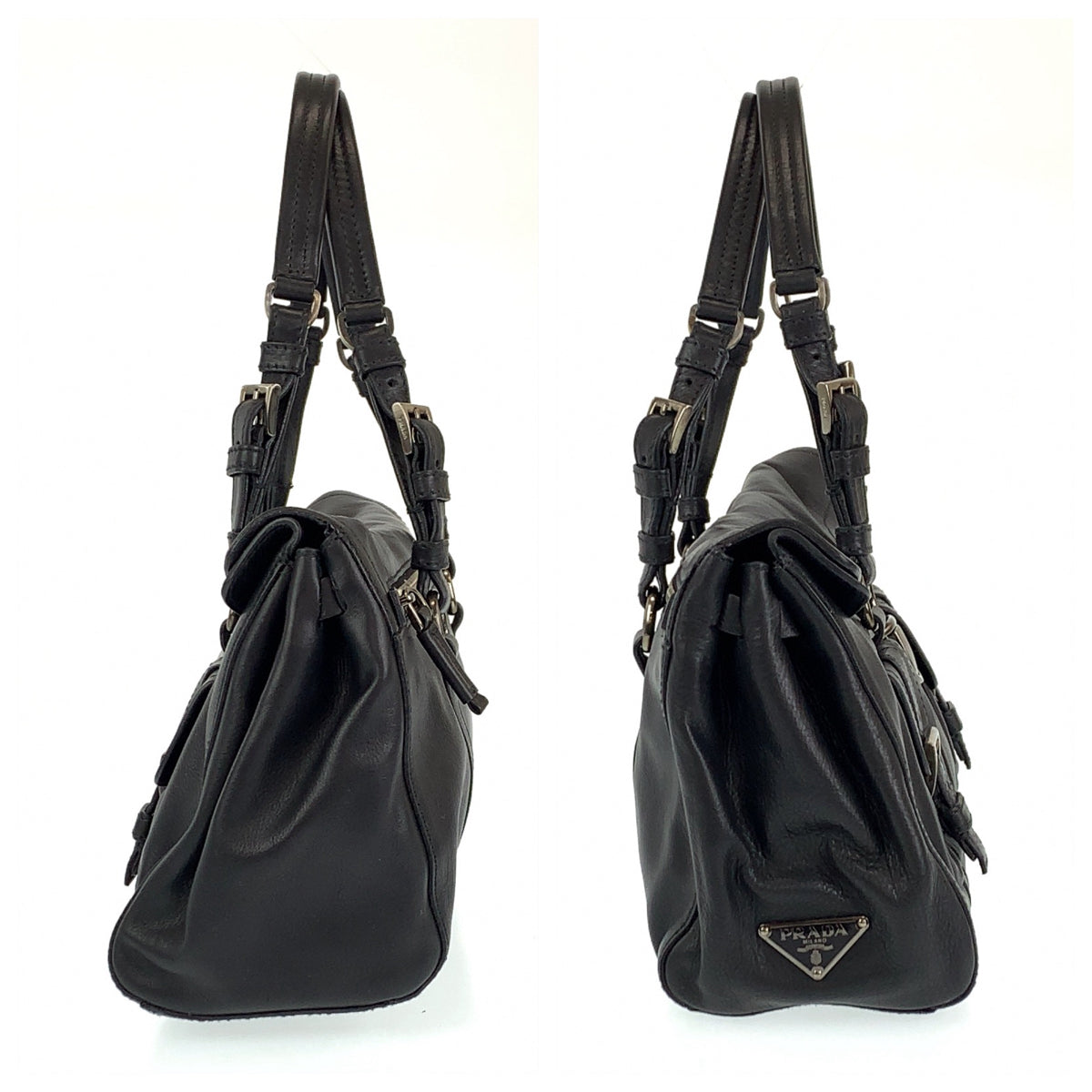 PRADA Prada black silver hardware leather handbag tote bag for women