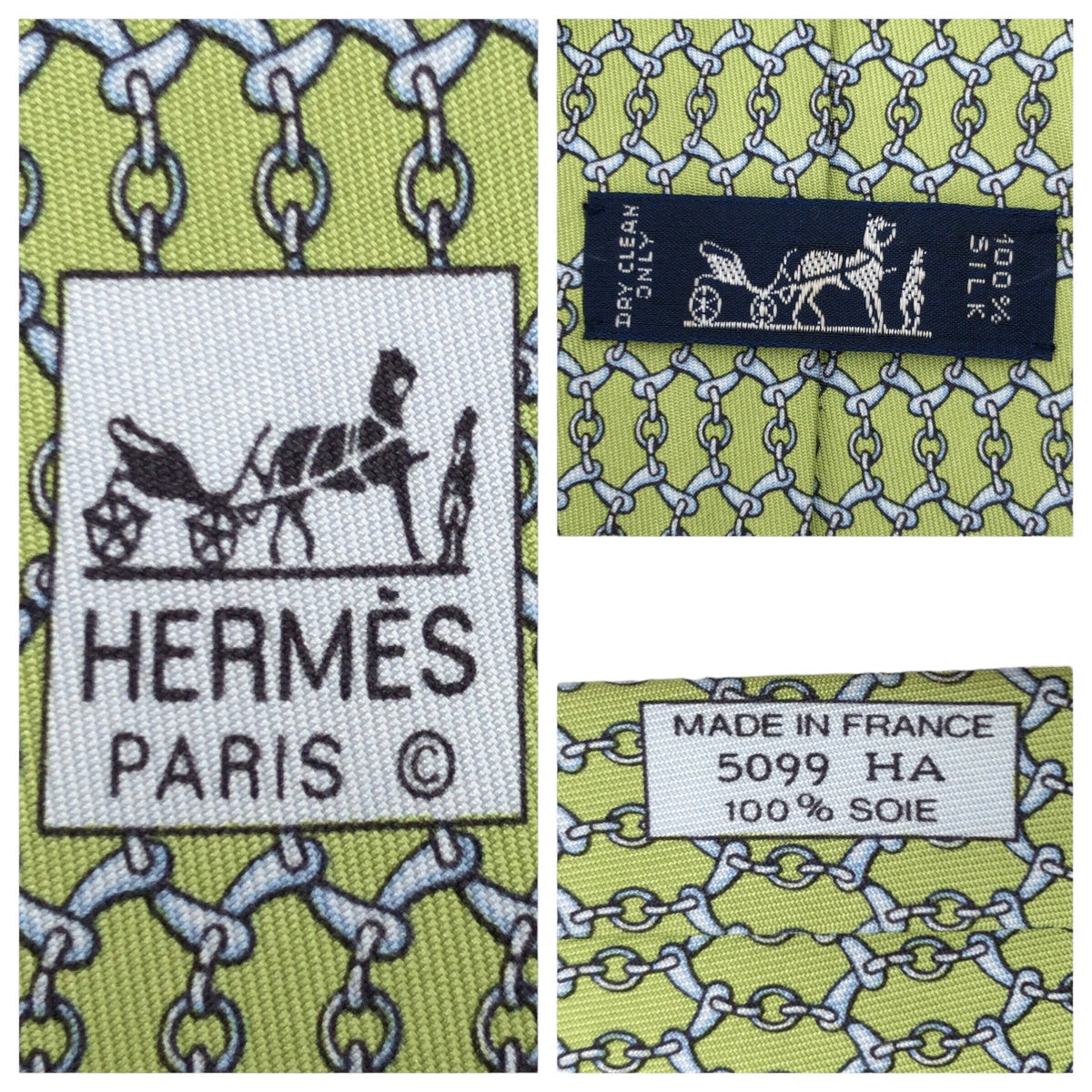 HERMES エルメス チェーン柄 グリーン 緑 シルバー シルク 5099 HA ネクタイ 剣先9cm メンズ
