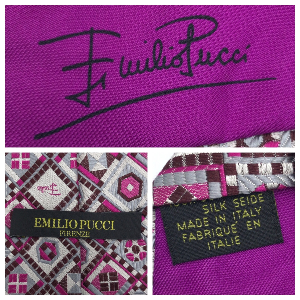 Emilio Pucci エミリオ・プッチ 総柄 ピンク シルバー シルク ネクタイ 剣先9cm メンズ