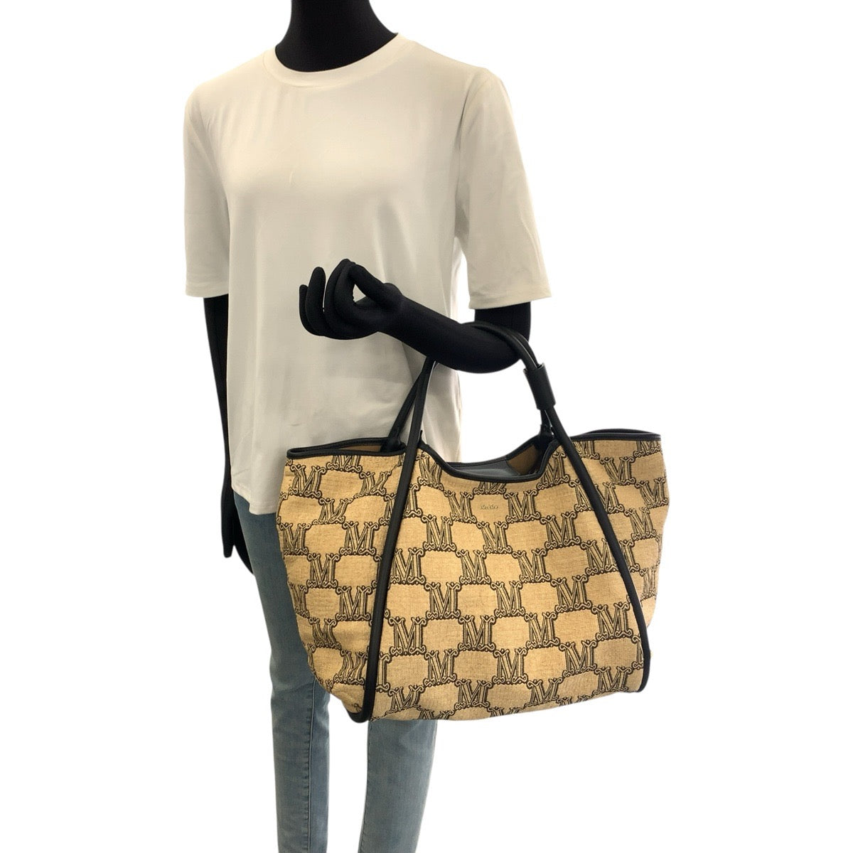 MAX MARA マックスマーラ グラム マリン 2way ベージュ ブラック ゴールド金具 ナイロン / コットン 451119216 トートバッグ ショルダーバッグ レディース A42