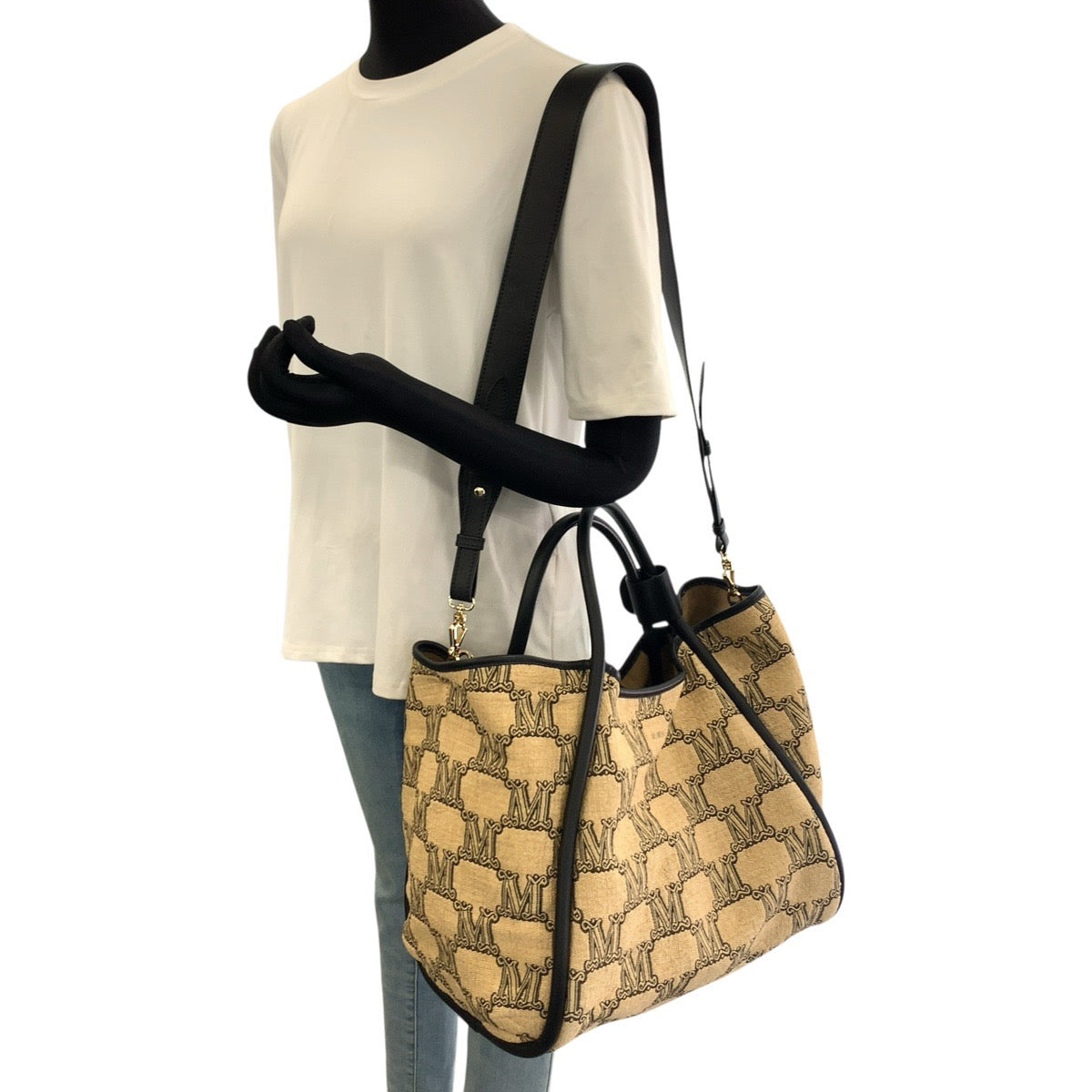 MAX MARA マックスマーラ グラム マリン 2way ベージュ ブラック ゴールド金具 ナイロン / コットン 451119216 トートバッグ ショルダーバッグ レディース A42