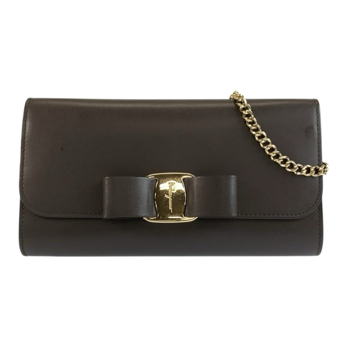 Salvatore Ferragamo サルヴァトーレフェラガモ ヴァラリボン ブラウン ゴールド金具 レザー ショルダーバッグ チェーンウォレット レディース AB36