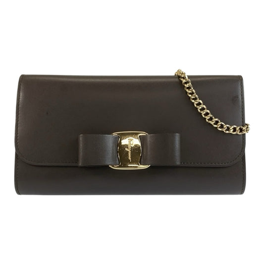 Salvatore Ferragamo サルヴァトーレフェラガモ ヴァラリボン ブラウン ゴールド金具 レザー ショルダーバッグ チェーンウォレット レディース AB36