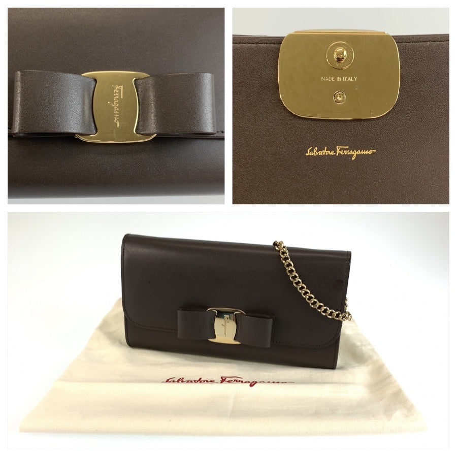 Salvatore Ferragamo サルヴァトーレフェラガモ ヴァラリボン ブラウン ゴールド金具 レザー ショルダーバッグ チェーンウォレット レディース AB36