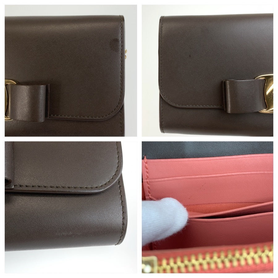 Salvatore Ferragamo サルヴァトーレフェラガモ ヴァラリボン ブラウン ゴールド金具 レザー ショルダーバッグ チェーンウォレット レディース AB36