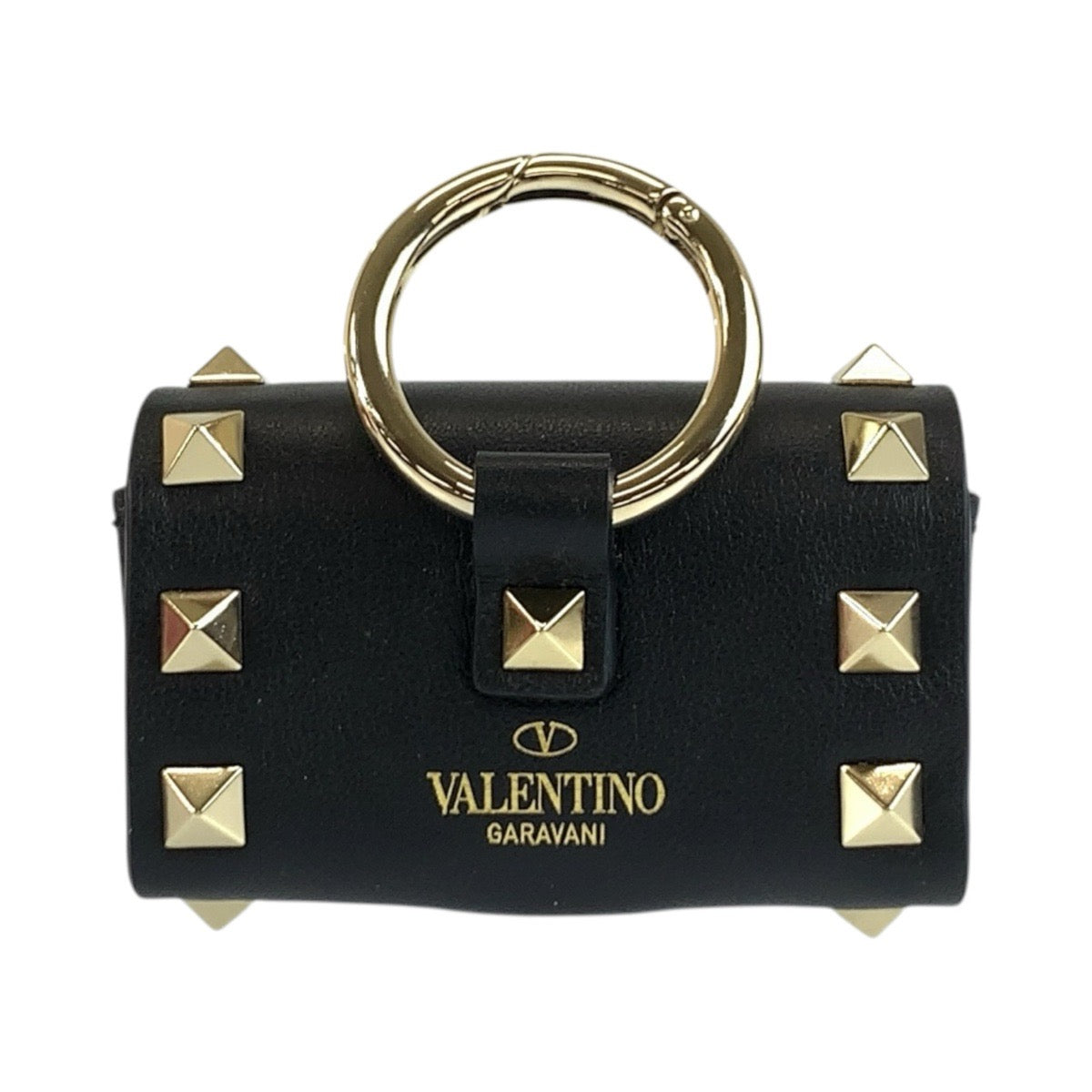 VALENTINO ヴァレンティノ ロックスタッズ ペット ブラック 黒 ゴールド金具 レザー AirPodsケース イヤホンケース 小物入れ レディース A27