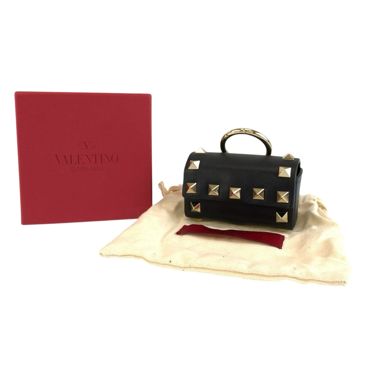 VALENTINO ヴァレンティノ ロックスタッズ ペット ブラック 黒 ゴールド金具 レザー AirPodsケース イヤホンケース 小物入れ レディース A27