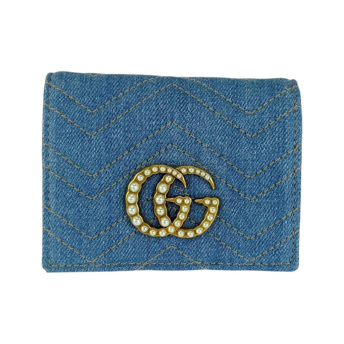 GUCCI グッチ GGマーモント フェイクパール ブルー ゴールド金具 デニム 466492 折財布 コンパクトウォレット レディース A54