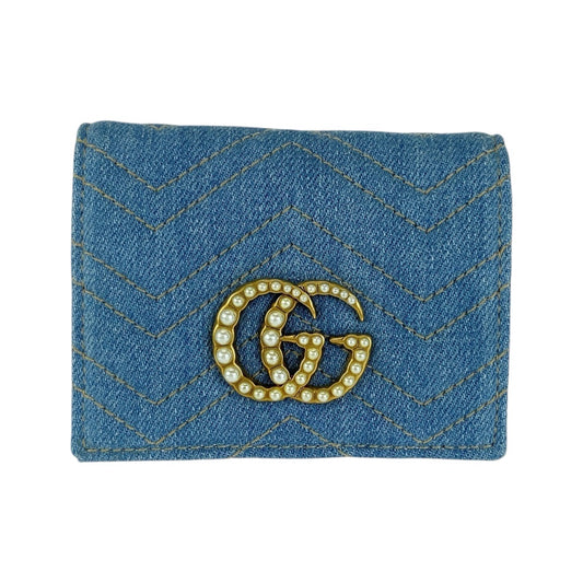 GUCCI グッチ GGマーモント フェイクパール ブルー ゴールド金具 デニム 466492 折財布 コンパクトウォレット レディース A54