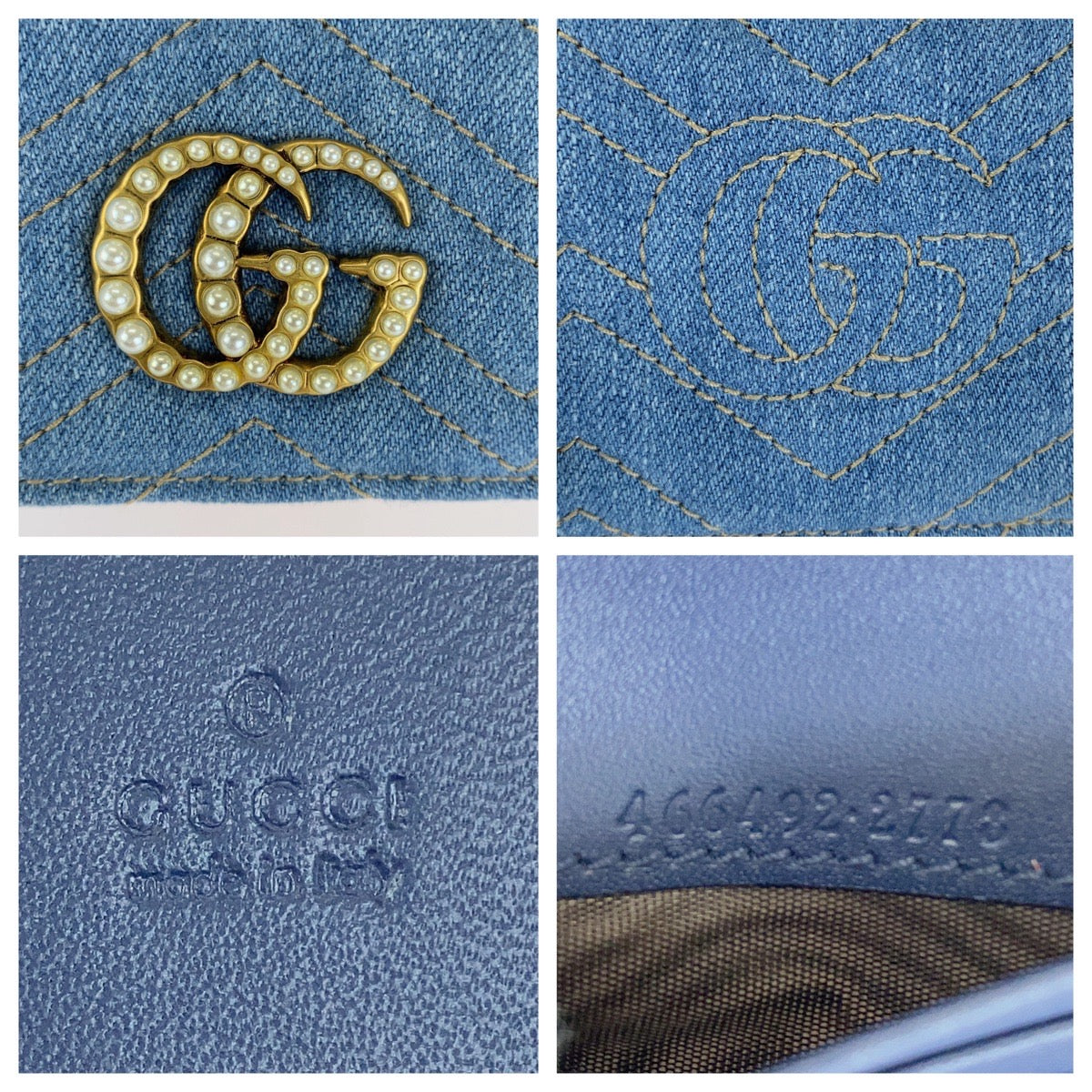 GUCCI グッチ GGマーモント フェイクパール ブルー ゴールド金具 デニム 466492 折財布 コンパクトウォレット レディース A54