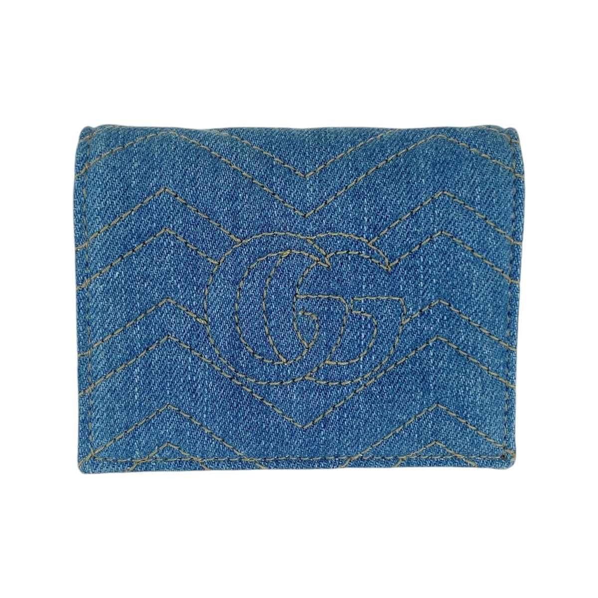 GUCCI グッチ GGマーモント フェイクパール ブルー ゴールド金具 デニム 466492 折財布 コンパクトウォレット レディース A54