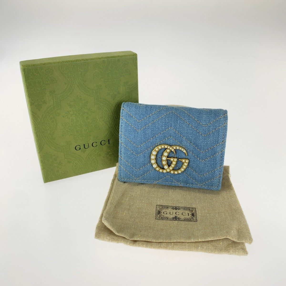 GUCCI グッチ GGマーモント フェイクパール ブルー ゴールド金具 デニム 466492 折財布 コンパクトウォレット レディース A54