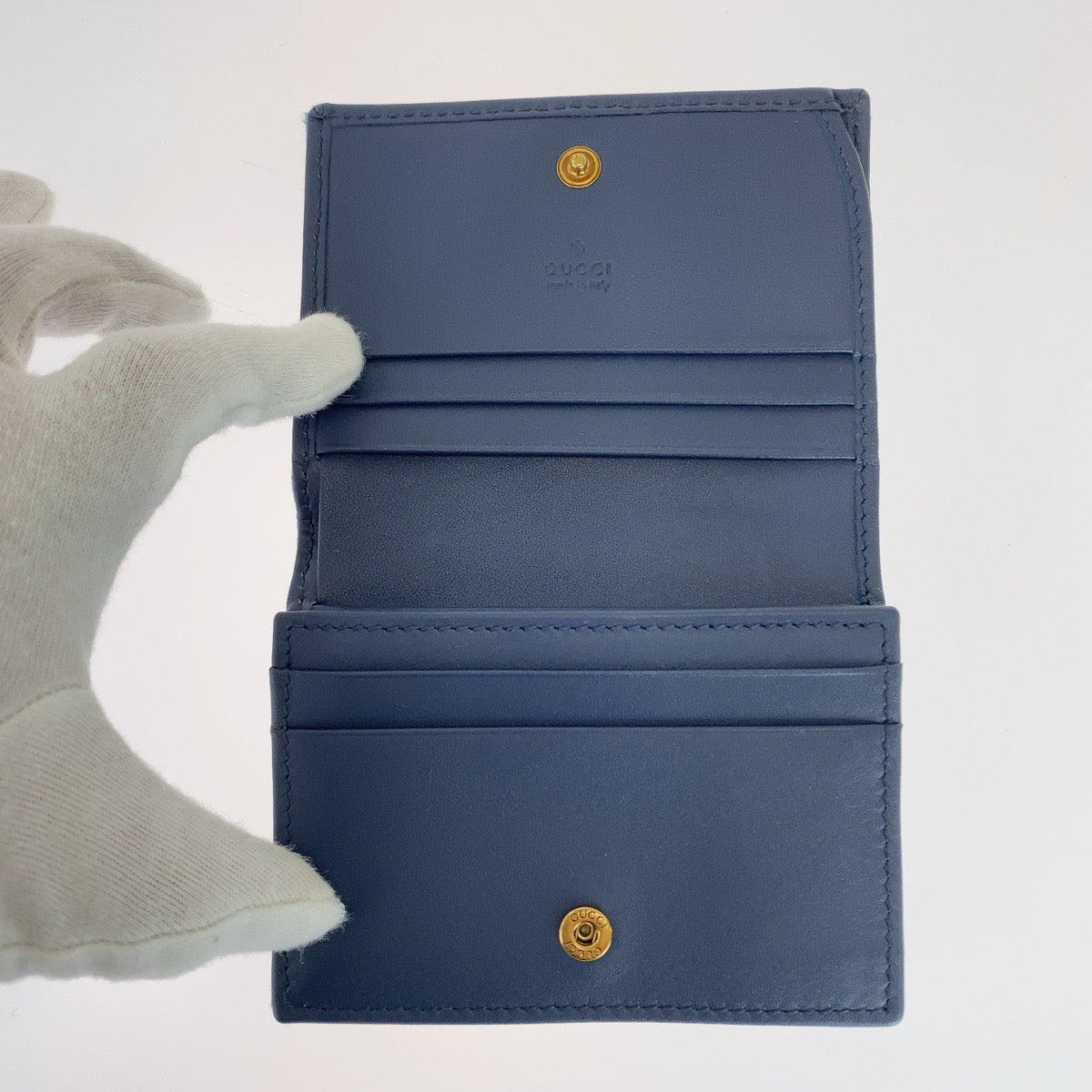 GUCCI グッチ GGマーモント フェイクパール ブルー ゴールド金具 デニム 466492 折財布 コンパクトウォレット レディース A54