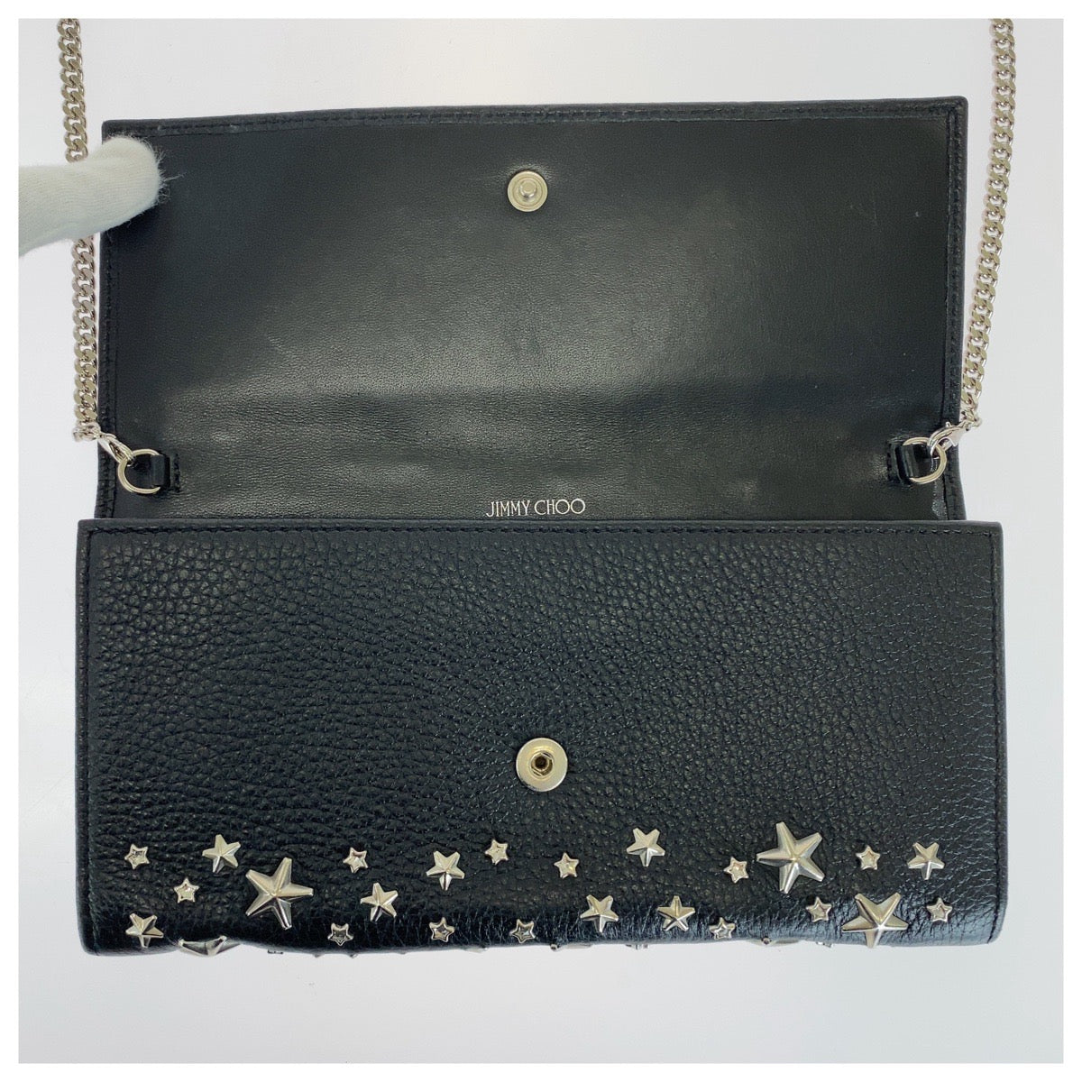 JIMMY CHOO ジミーチュウ スタースタッズ ブラック 黒 シルバー金具 レザー 長財布 チェーンウォレット ロングウォレット レディース ABP27