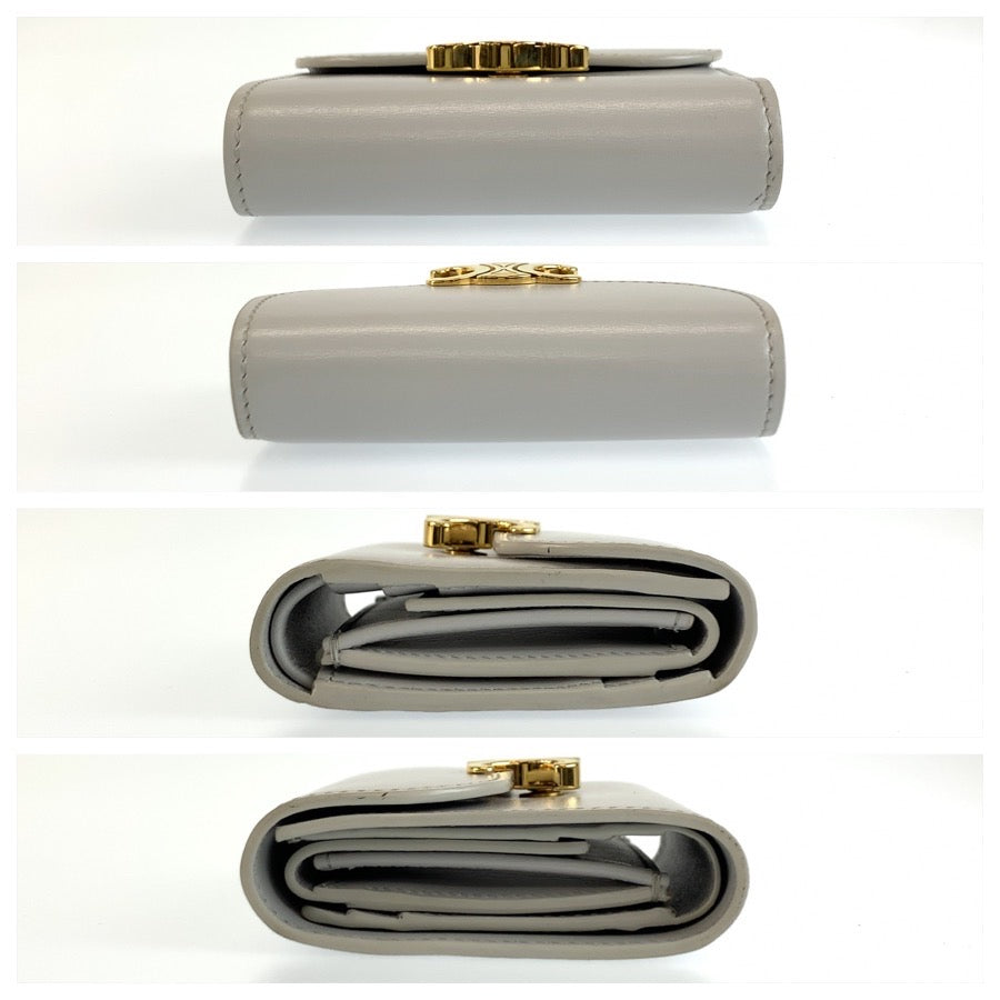 CELINE セリーヌ トリオンフ スモールフラップウォレット グレー ゴールド金具 レザー 三つ折り財布 折財布 コンパクトウォレット レディース AB48