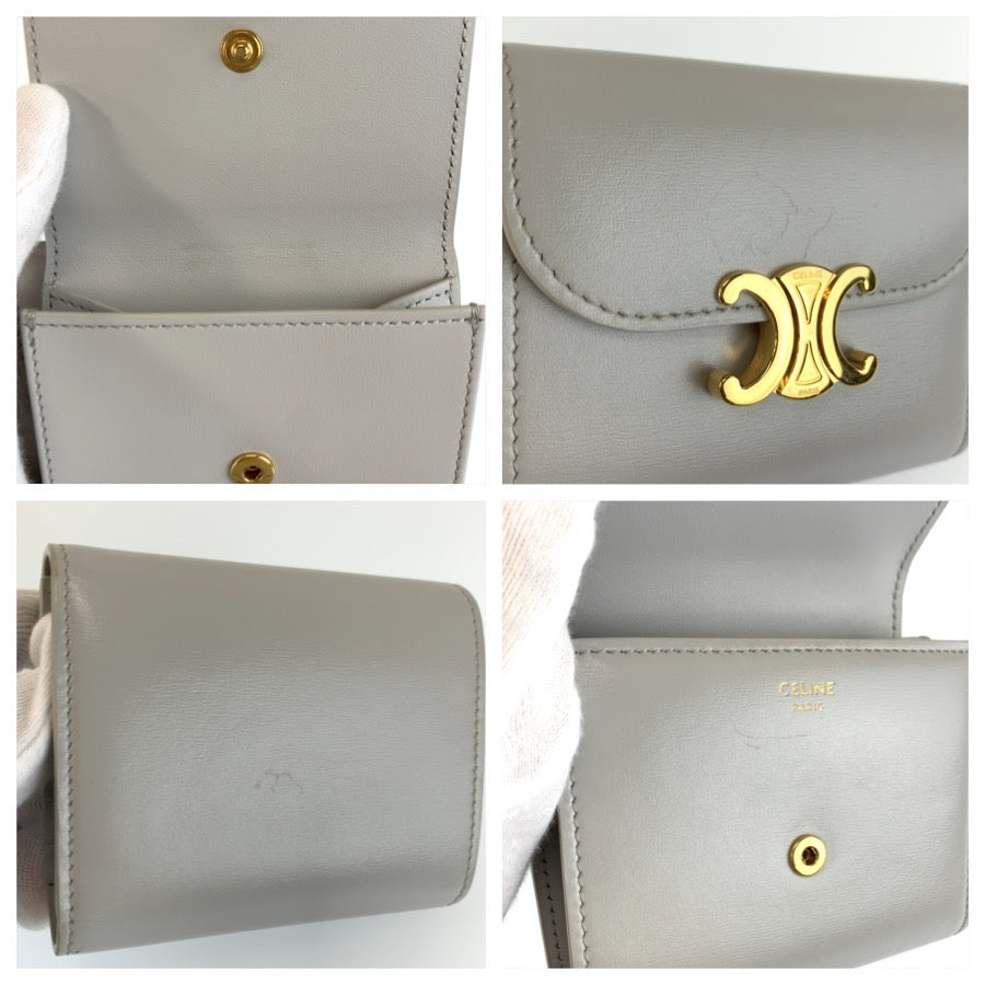 CELINE セリーヌ トリオンフ スモールフラップウォレット グレー ゴールド金具 レザー 三つ折り財布 折財布 コンパクトウォレット レディース AB48