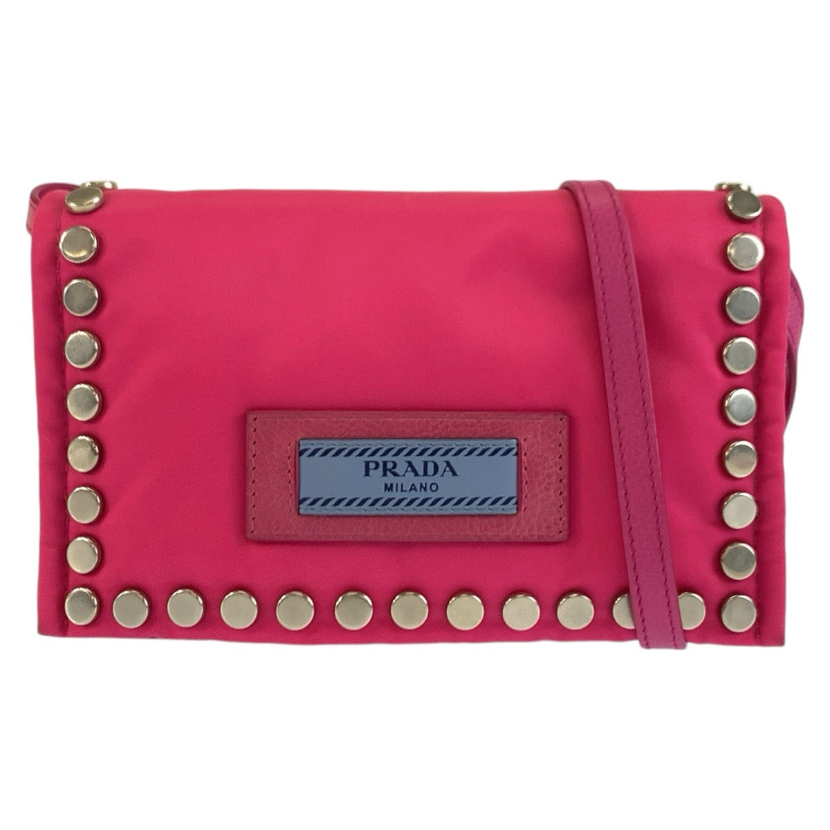 PRADA プラダ エティケット スタッズ ピンク ブルー シルバー金具 ナイロン ショルダーバッグ ポシェット レディース AB48