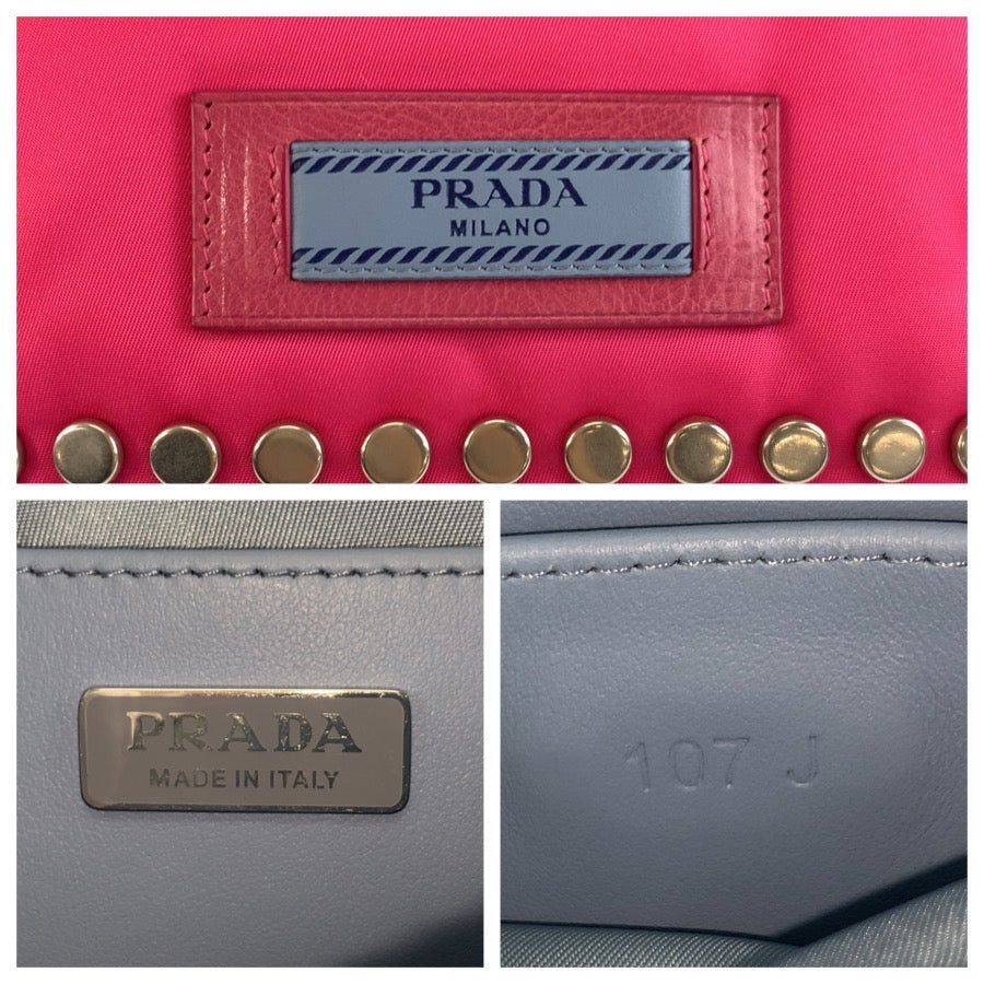 PRADA プラダ エティケット スタッズ ピンク ブルー シルバー金具 ナイロン ショルダーバッグ ポシェット レディース AB48