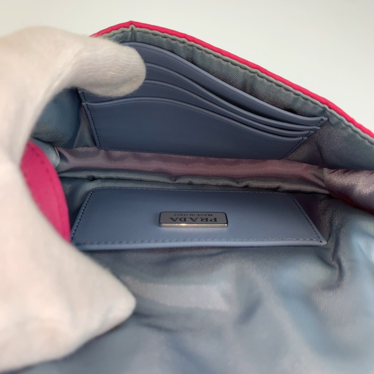 PRADA プラダ エティケット スタッズ ピンク ブルー シルバー金具 ナイロン ショルダーバッグ ポシェット レディース AB48