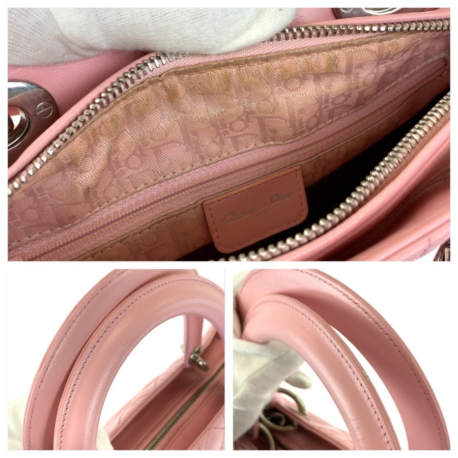 Dior ディオール カナージュ レディディオール ピンク シルバー金具 ラムスキン ハンドバッグ トートバッグ レディース B85