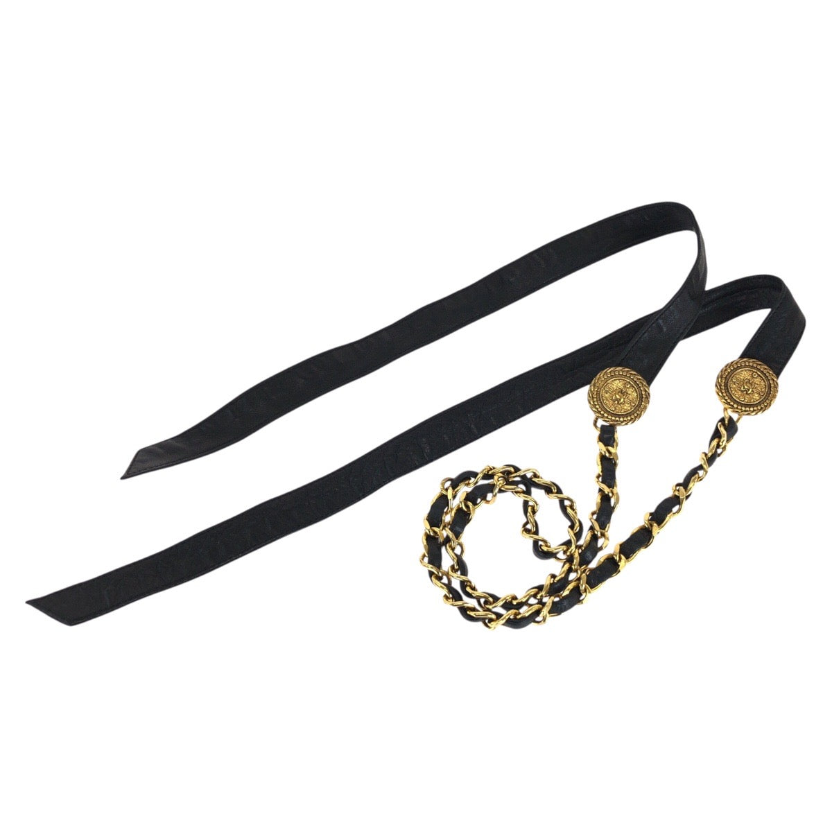 CHANEL シャネル ヴィンテージ リボン＆チェーンベルト ココマーク ブラック 黒 ゴールド金具 レザー / メッキ ベルト レディース AB60