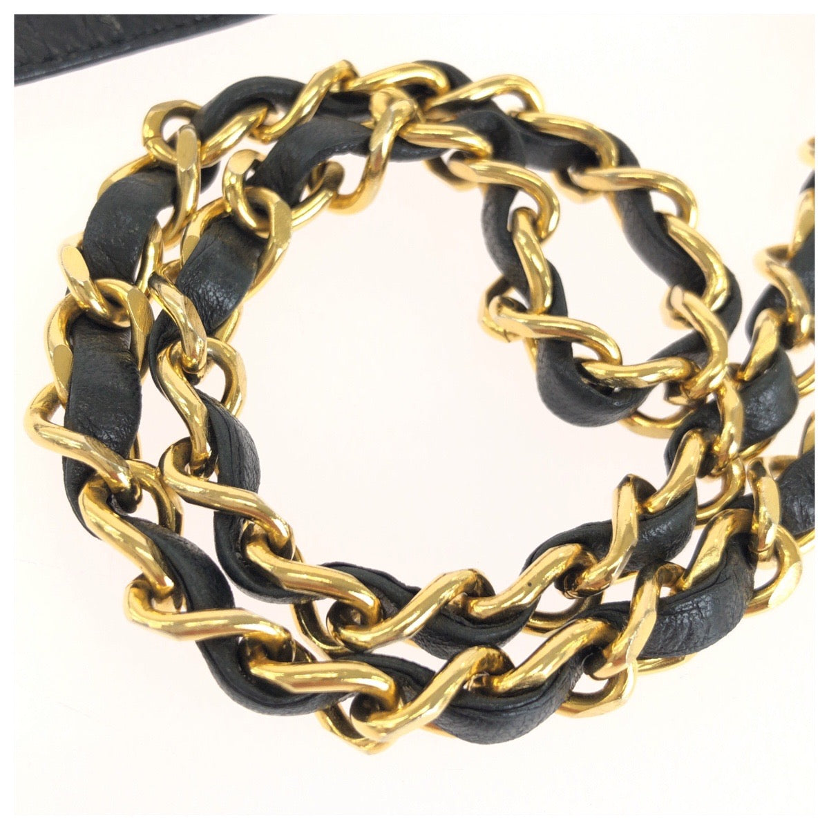 CHANEL シャネル ヴィンテージ リボン＆チェーンベルト ココマーク ブラック 黒 ゴールド金具 レザー / メッキ ベルト レディース AB60