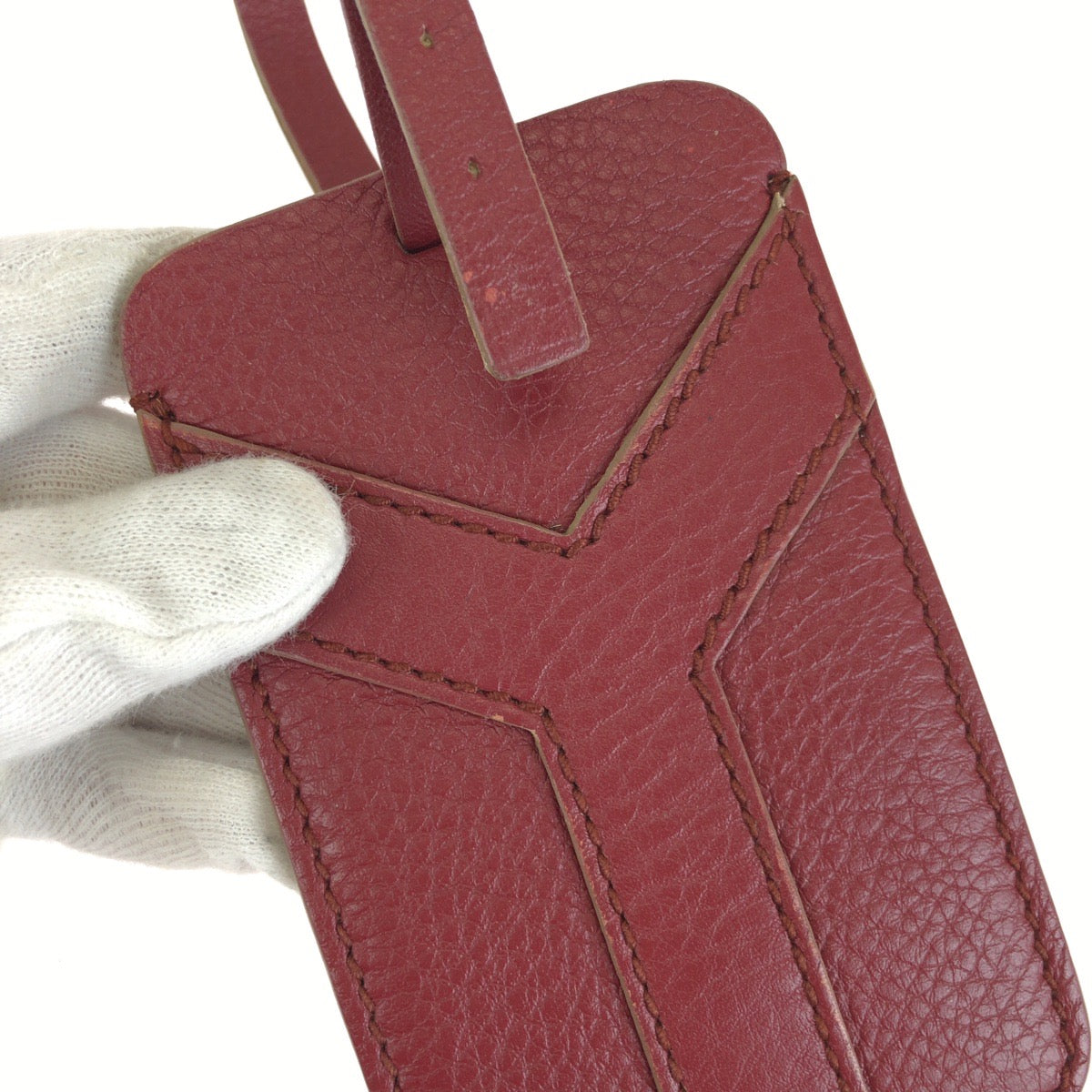 SAINT LAURENT サンローラン Yライン ラゲージタグ ワインレッド ボルドー ゴールド金具 レザー ネームタグ レディース AB13