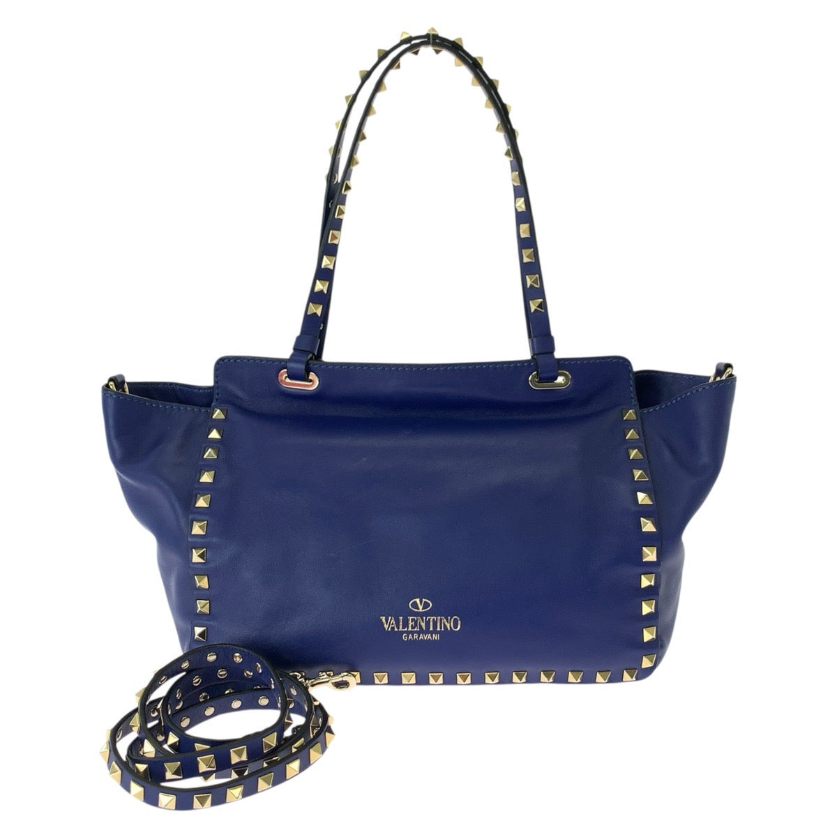 VALENTINO ヴァレンティノ ロックスタッズ 2way ブルー ゴールド金具 レザー トートバッグ ショルダーバッグ レディース AB49