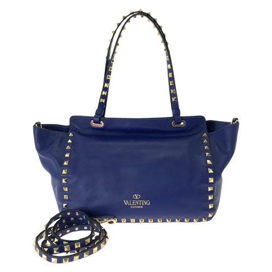 VALENTINO ヴァレンティノ ロックスタッズ 2way ブルー ゴールド金具 レザー トートバッグ ショルダーバッグ レディース AB49