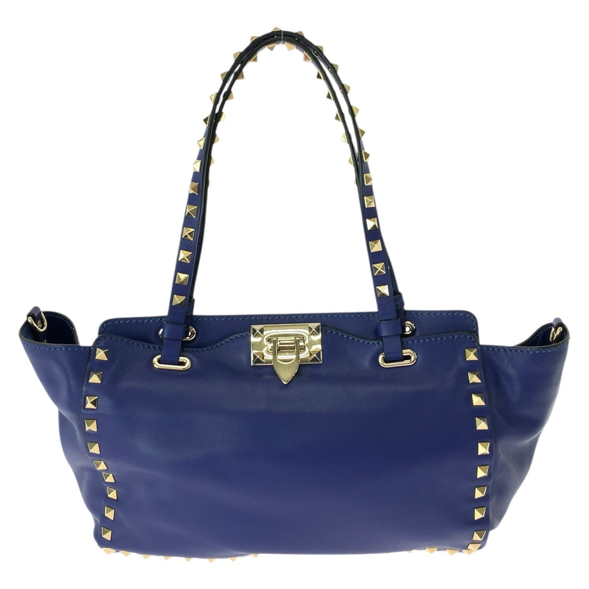VALENTINO ヴァレンティノ ロックスタッズ 2way ブルー ゴールド金具 レザー トートバッグ ショルダーバッグ レディース AB49