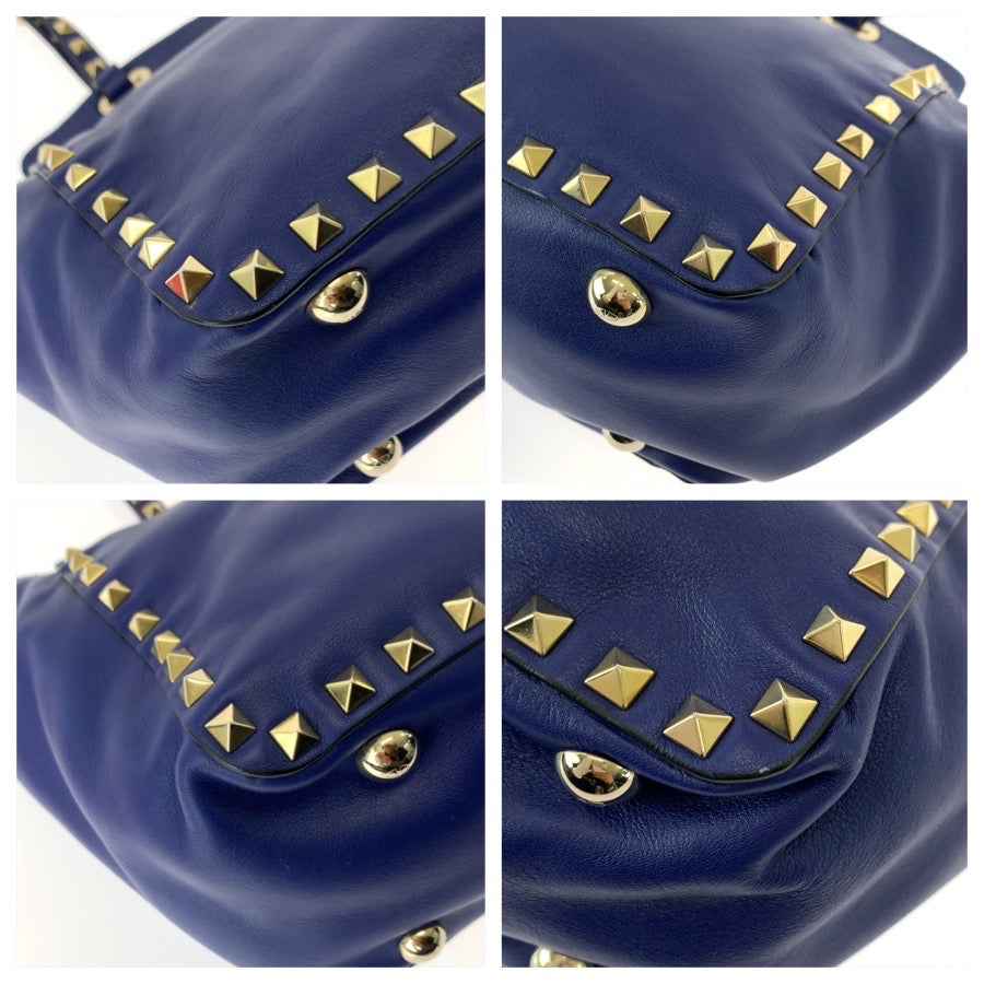 VALENTINO ヴァレンティノ ロックスタッズ 2way ブルー ゴールド金具 レザー トートバッグ ショルダーバッグ レディース AB49